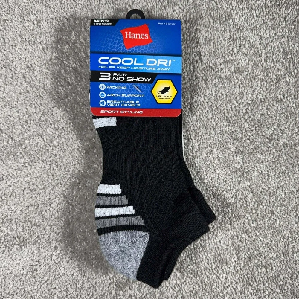 Hanes‎ Cool Dri Socks Black No Show Arch Support Men 6-12 - 3 Pair